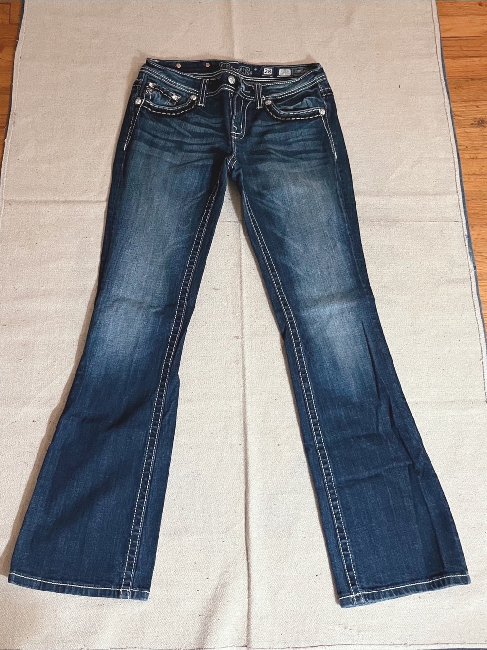 Miss Me Dark Blue Flare Jeans with Contrast Stitching